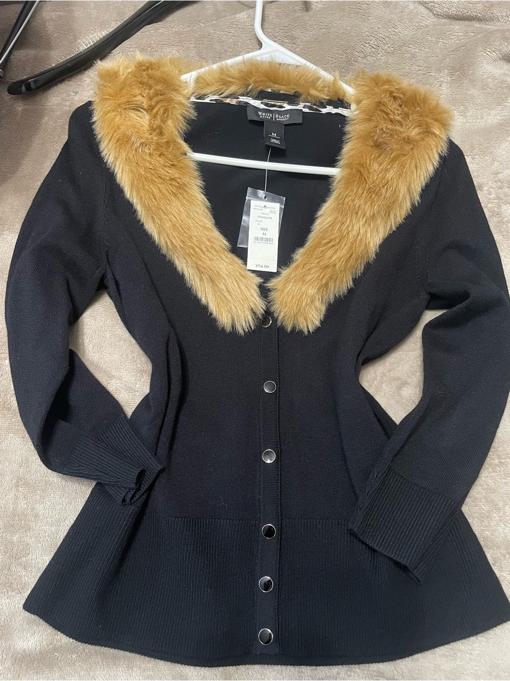 White House Black Market Black Cardigan with Camel Faux Fur Collar